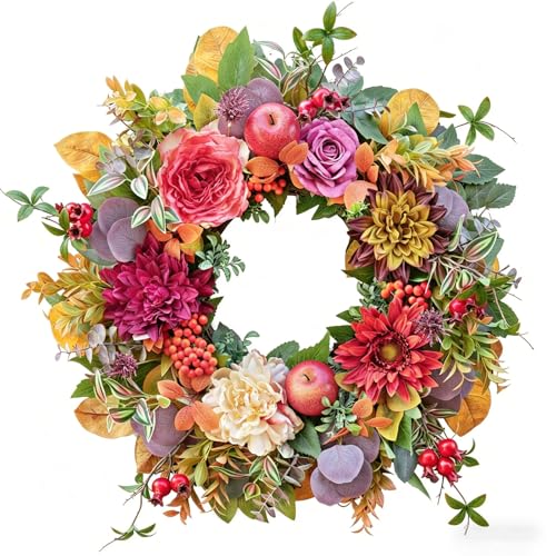 Fall Wreaths for Front Door 24 Inch Autumn Wreath Rustic Thanksgiving Decor (Red)