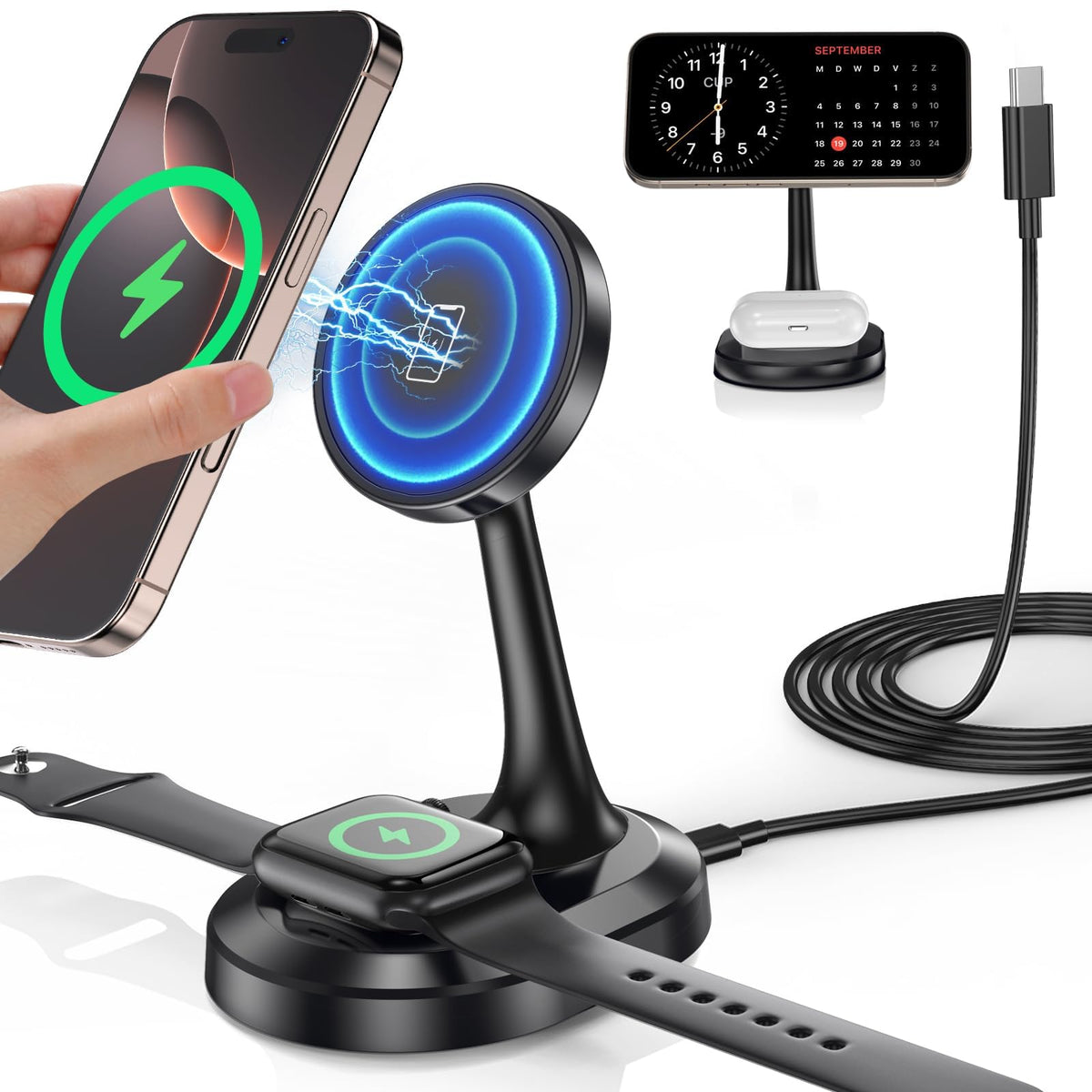 3 in 1 Magnetic Wireless Charging Station Devices 15W Fast Mag (Magnetic Single Pack Dark Black)