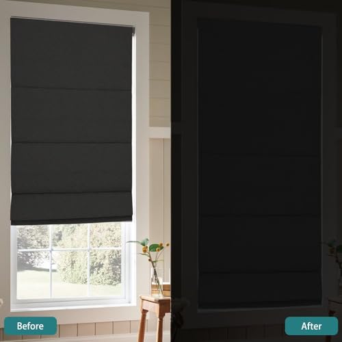 No Drill Roman Shades Cordless Blinds Blackout for Indoor Windows (Black / 30.5"W x 64"H)
