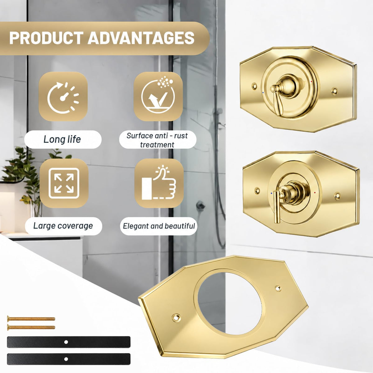 One-Hole-Remodel-Cover-Plate for 2 Handle or 3 Handle Shower Polished Brass (Brass)