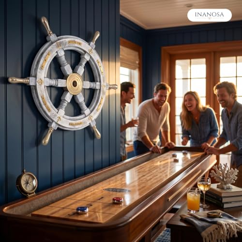Coastal Voyage Antique White Finish Vintage Wooden Ship Wheel Nautical Wall Decor (White / 12"L x 12"W)