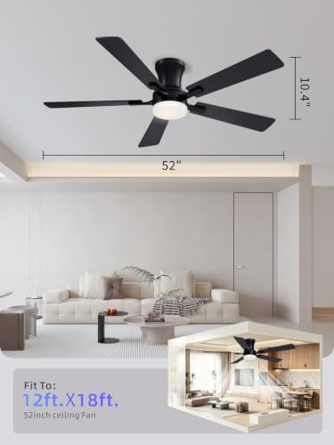 52 Inch Black Low Profile Ceiling Fan with Light and Remote (Black / 52 Inch)