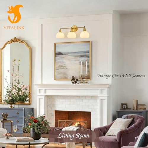 3 Light Wall Sconce BathroomVanityt Light 30 Inches Milk Glass Wall Mount Lighting Fixtures for Bathroom Bedroom Living Room Hardwired Wall Light (Gold & Ribbed Dome Shade / 3-light)