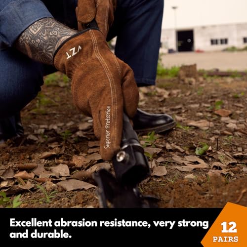 12 Pairs Bulk Leather Work Gloves for Men or Women for Gardening (Brown / XLarge (Pack of 12))