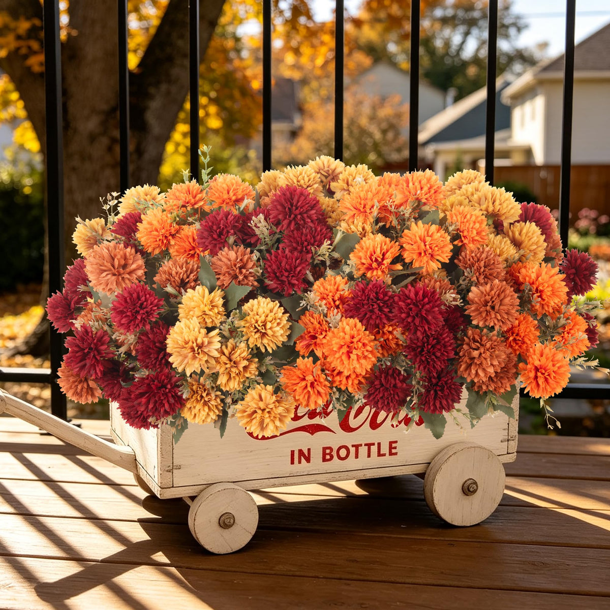 Artificial Mums Flowers for Outdoors Outside Decorations (3 Orange,3 Burnt Orange,3 Red,3 Yellow / 12PCS)