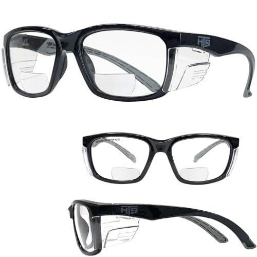 E60 2.0 Diopters Bifocal Safety Glasses with Side Shields (Black & Clear Bifocal (+2.0 Diopter))