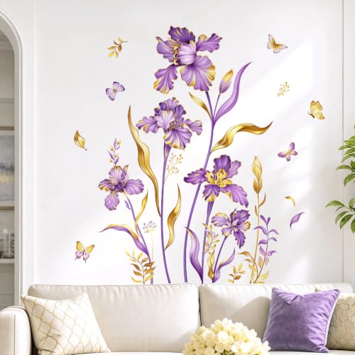 Large Purple Gold Flower Wall Decals Iris Floral Butterfly Plants Leaves Wall Stickers Peel and Stick Art Decor for Bedroom Living Room Sofa TV Background Home Furniture