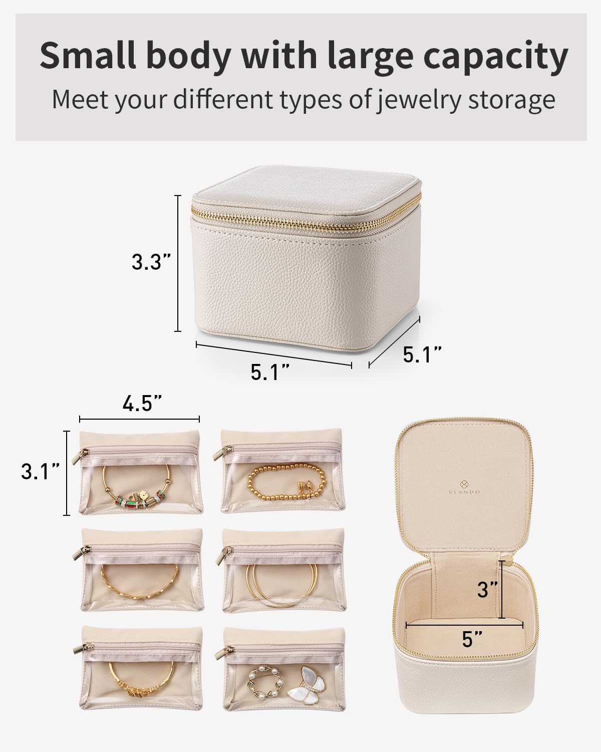 Travel Jewelry Organizer Case with 6 Clear Velvet Zipper Pouches (F.6 PCS White)