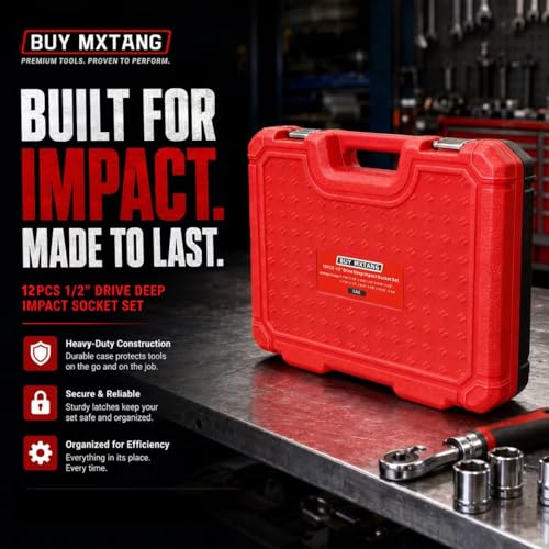 1/2"12-Piece Extended Drive Impact Socket Set, Deep SAE Axle Nut Impact Socket Set, Cr-Mo, 1-1/16, 1-1/8, 1-3/16, 1-1/4, 1-5/16, 1-3/8, 1-7/16, 1-1/2, 1-9/16, 1-5/8, 1-11/16, 1-3/4 Socket (1/2 12pcs Sae Socket Set)