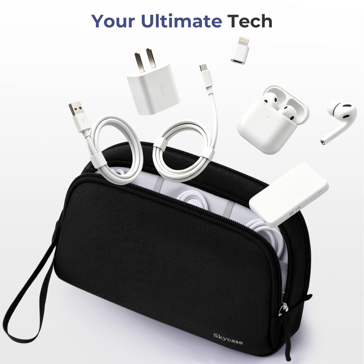 Electronics Travel Organizer 9 Compartment Dual Layer Tech Pouch Lightweight Water Resistant Travel Cable Organizer Bag for Chargers Cords Phone Power Bank Tech Essentials and Daily Items (Black / L)