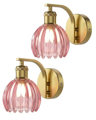 Vintage Brass Hardwired Wall Sconces with Green Tulip Glass Shade
