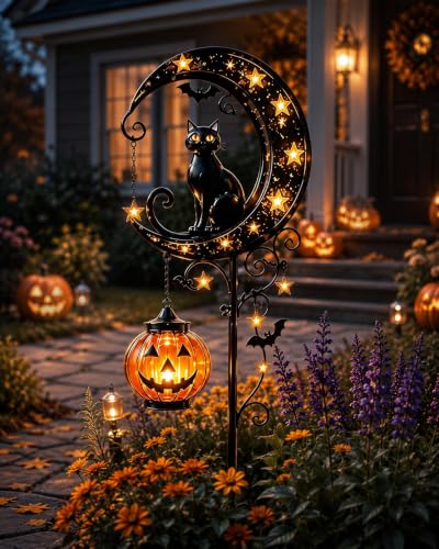 Halloween Garden Decorations Solar Cat Garden Lights Stake Outdoor Lantern Pumpkin Moon Yard Black Cat Waterproof Night Decor Holiday Jack Star LED Pathway Lawn Porch