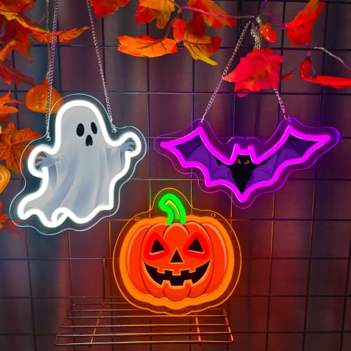 3 Pack Halloween Neon Sign UV Printed Pumpkin Ghost Bat Neon Light (Halloween)