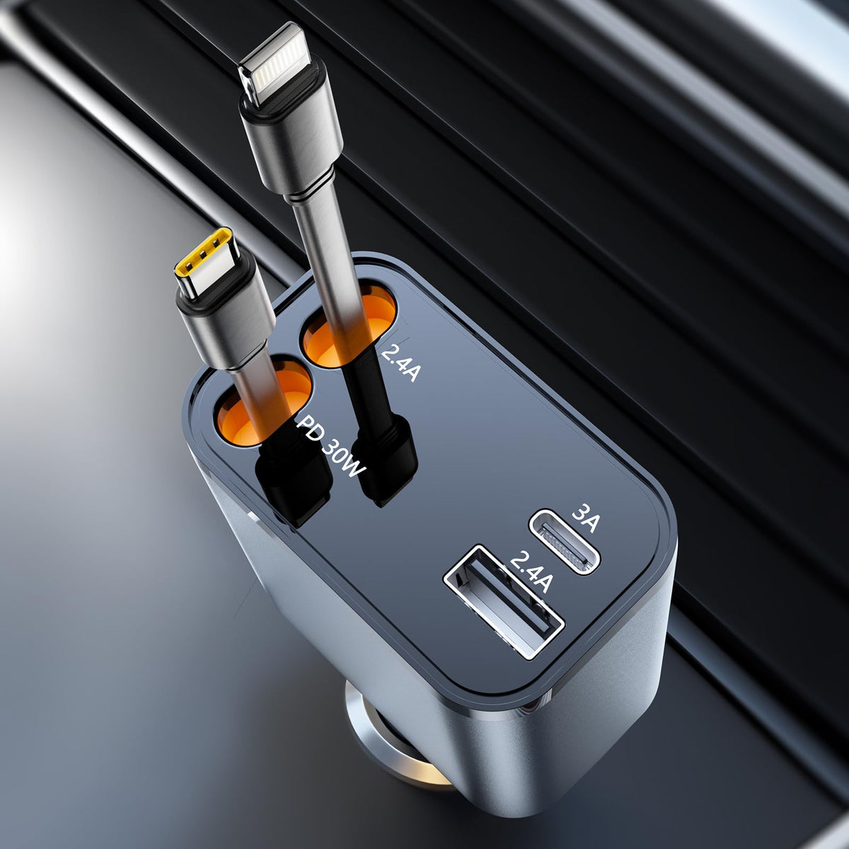 Smaller 4 in 1 Retractable Car Charger with Type C & L Cords (Polished Gray)
