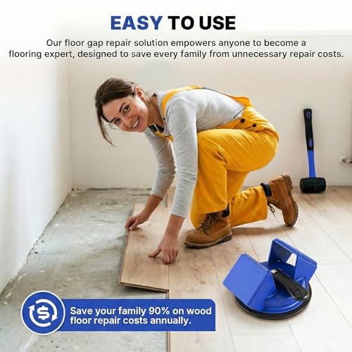 Floor Gap Fixer Tool Heavy Duty 45°Striking Surface Floor Gap Repair Tool Made of Iron & Enhanced Suction Cup with Slot Cutter and 5pcs Sticky Pads for Fixer Laminate (Blue)