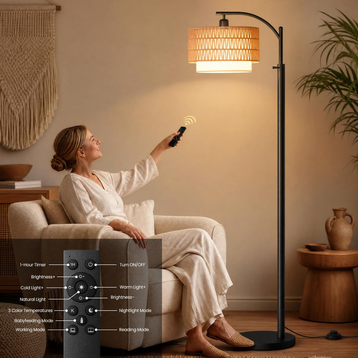 Boho Floor Lamp For Living Room With 3 Color Temperature and Remote (Beige Black)