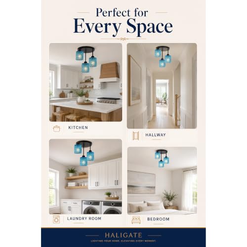 Modern Ceiling Light Fixture Black 3 Lights with Blue Glass Shade (3Light-Blue)