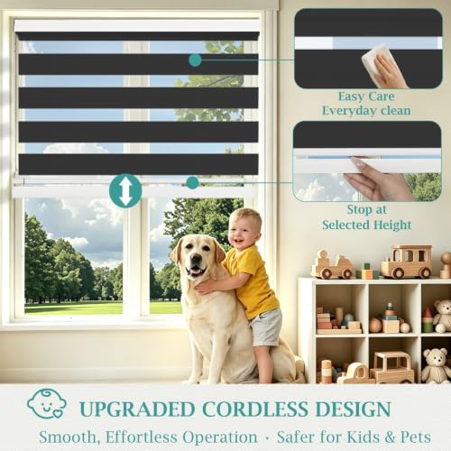 Cordless Zebra Blinds for Windows (Black / 33"W x 64"H)
