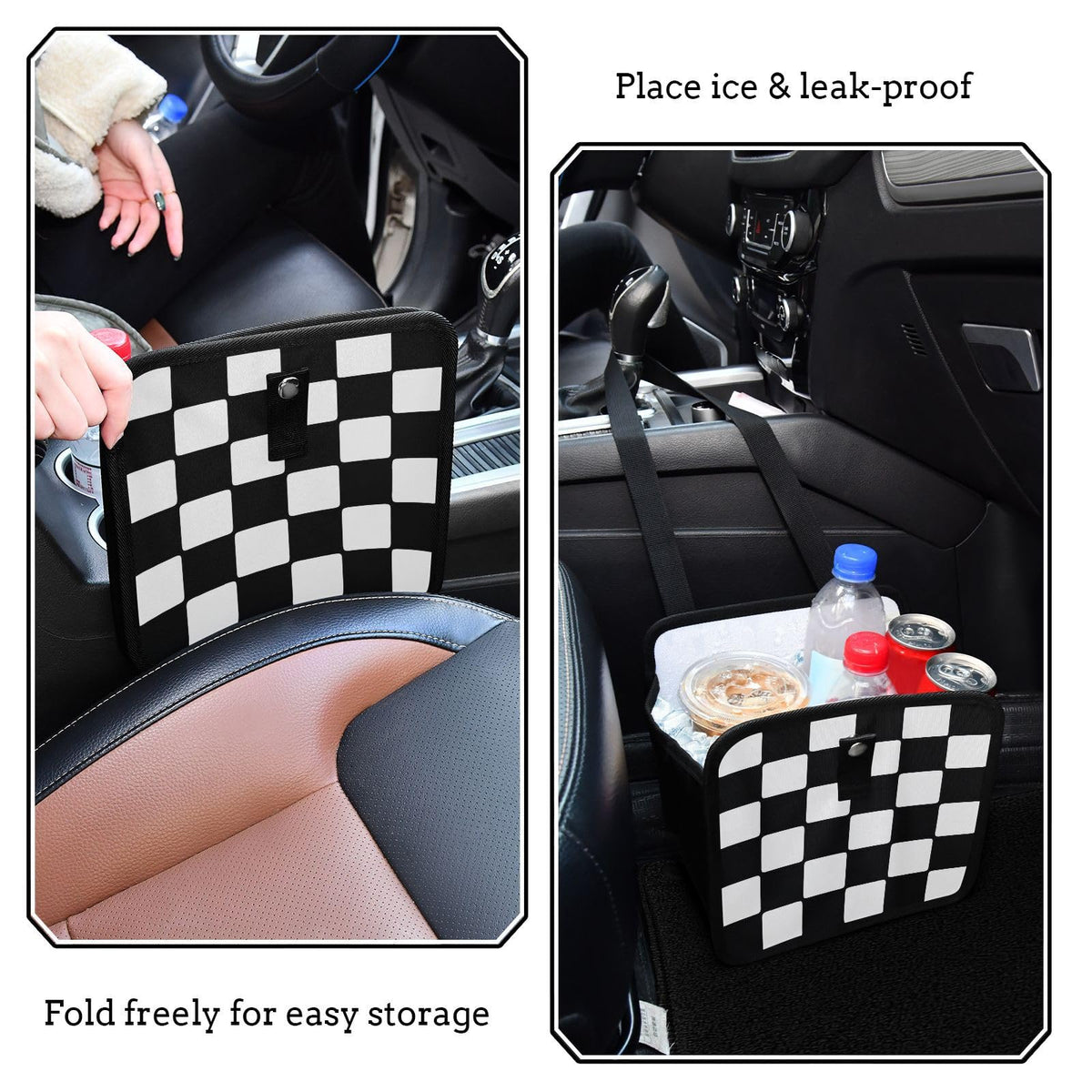 Checkered Black White Car Trash Can Car Organizer Car Garbage Can with Adjustable Strap for Back Front Seat Console Waterproof Leakproof Collapsible Portable 11 Inch Checkerboard (Checkerboard / M)