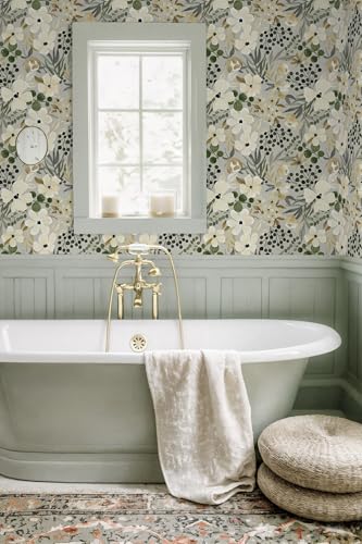 Floral Peel and Stick Wallpaper Boho Wallpaper Removable Wall Paper Vintage Botanical Contact Paper Waterproof for Bedroom Bathroom Living Room Decor Self (Green/Cream / 17.3" x 196.8")