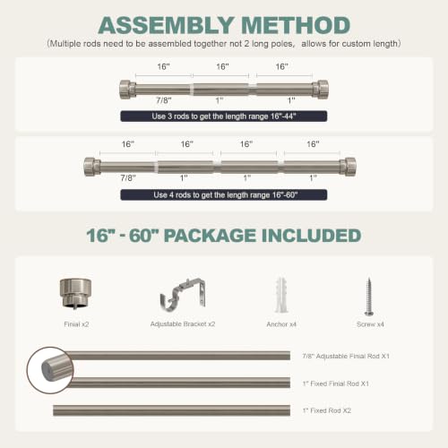 Modern Brushed Nickel Curtain Rods for Windows 28 to 48 with Adjustable Brackets Heavy Duty 1" Diameter Window Treatment Rod with Solid Metal Finials for Outdoor Bedroom Kitchen Living Room (Brushed Nickel / 16"-60"|1 Pack)