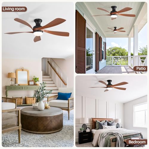 52 Inch Low Profile Ceiling Fans with Lights and Remote (Black+Brown / 52 inch)