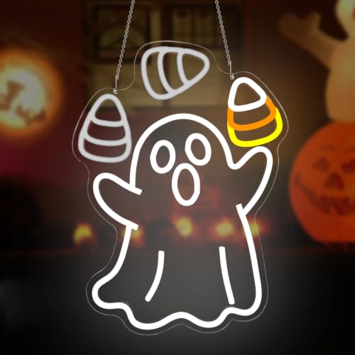 Juggling Ghost Halloween Neon Sign Animated Dimmable LED Halloween Decor (Ghost Corn)