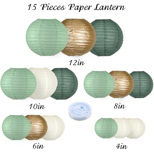 Paper Lanterns Party Decorations (Sage Green Dark Green Gold White)