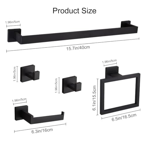 5 Piece Matte Black Bathroom Accessories Towel Bar Set Wall Mounted (16Inch)