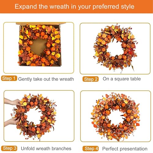 Fall Wreath 22 Inch Fall Wreaths for Front Door Autumn Pumpkin Wreaths with Orange Eucalyptus Leaves and Berries for Indoor Outdoor Thanksgiving Harvest Festival Celebrations (22 IN)