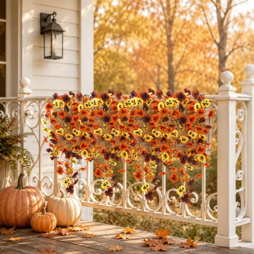 2Pcs Fall Pansies Flowers Artificial with 2'' Large Flower Heads (Yellow/Orange/Burgundy Pansy Flowers)