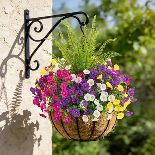 Artificial Flowers Fake Plants for Outdoors Decoration (Darkpurple Lightpurple Yellow White Fern)