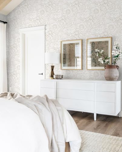 Peel and Stick Wallpaper Boho Grey Wall Paper Grey and White Floral Wallpaper for Bedroom Bathroom Removable Self (Light Grey and White / 17.3" x 118")