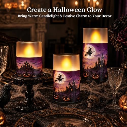 Halloween Flameless Candles with Remote (Purple, Witch, Pumpkin, Castle-H4"5"6")
