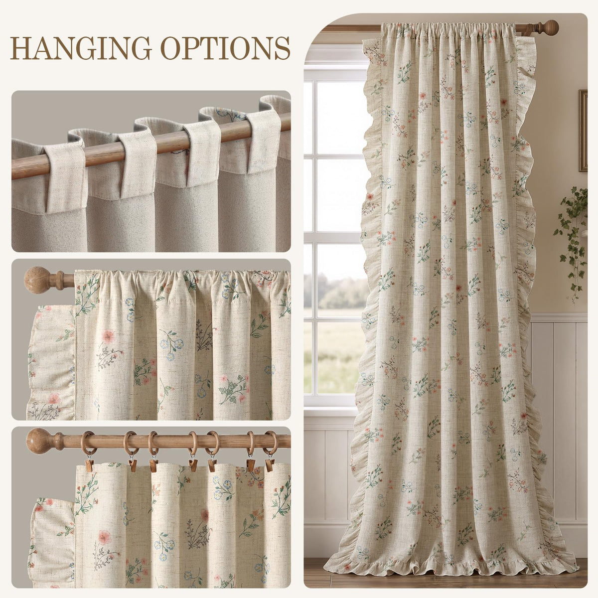 Floral Ruffle 90% Blackout Curtains 84 Inch 2 Panels Linen Texture (Ruffles / 52"W x 84"L (Pack of 2))