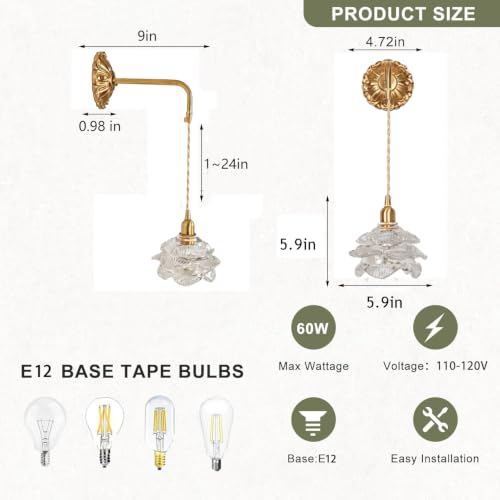 French Retro Floral Glass Wall Sconce with Pull Cord