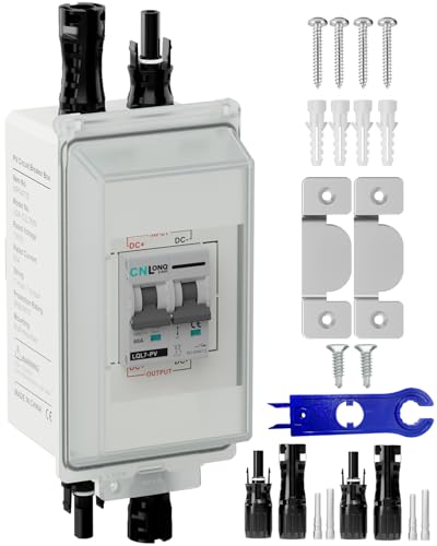 CNLONQ Solar Panel Disconnect Switch 20A~63A 1000V DC PV Circuit Breaker IP66 Waterproof with Connector and Install Hook for Outdoor Home Solar Panel Systems