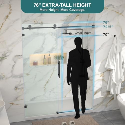 55 60" W x 76" H Frameless Sliding Glass Shower Door (Black / 60''x76'')