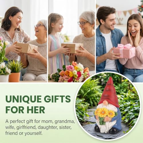 Solar Garden Gnome Statue with Lighted Sunflower Bouquet for Outdoor Decor