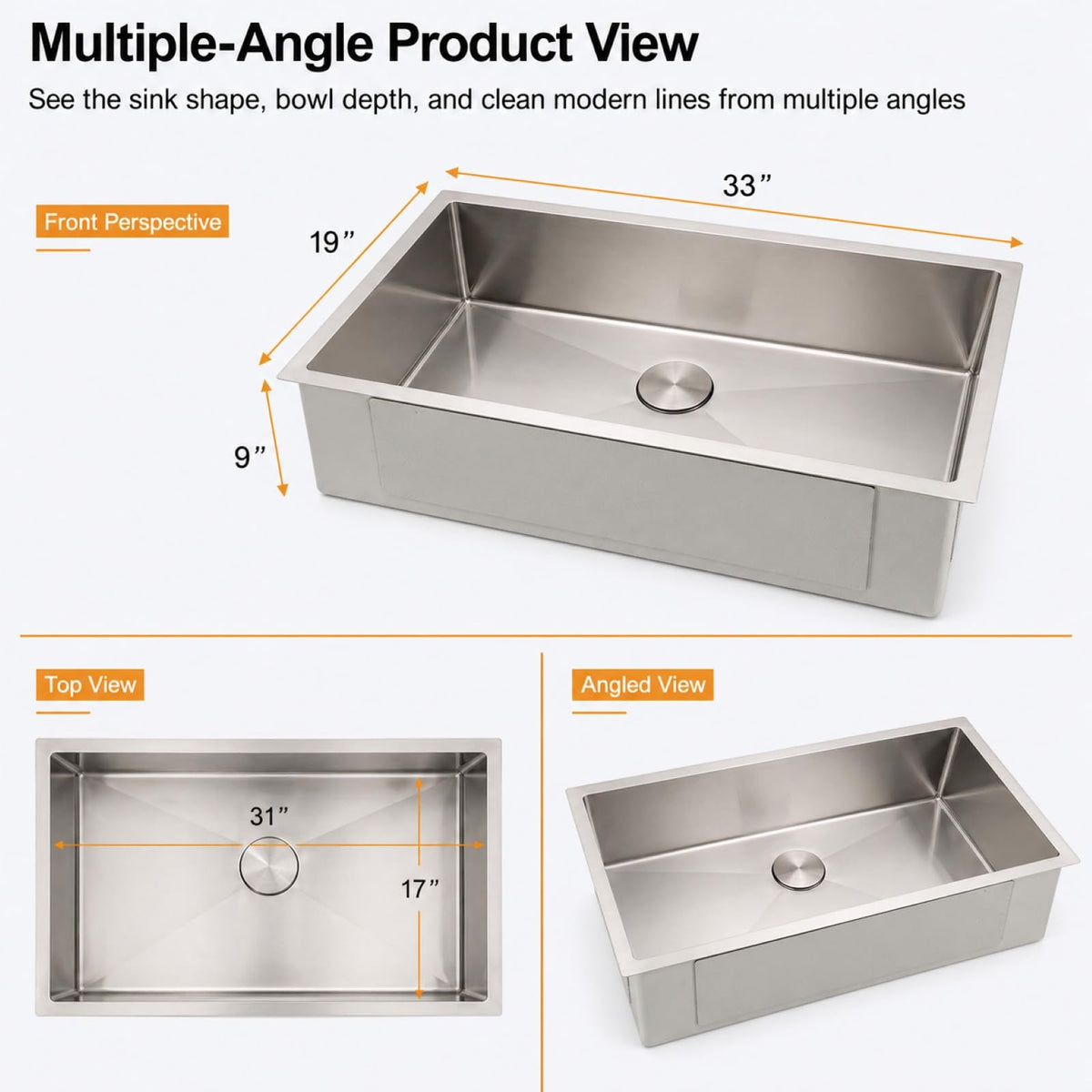 33 Inch Undermount Kitchen Sink (Stainless Steel / 33" x 19"x 9")