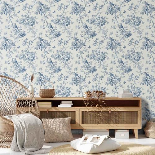 Blue Floral Bird Peel and Stick Wallpaper