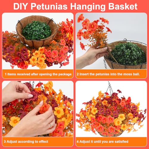 2 Set Artificial Fall Hanging Basket with 24 Pcs Petunias Outdoor (Orange)