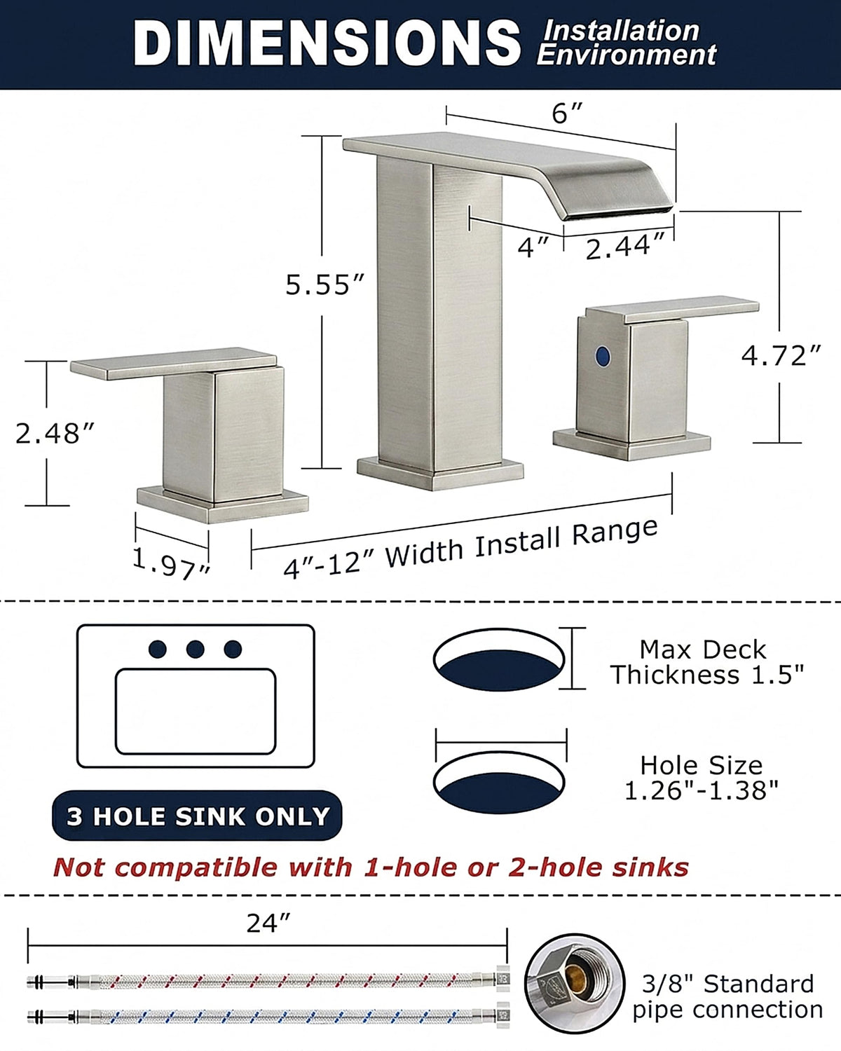 SSREEZNX Bathroom Sink Faucet 3 Hole (Modern Widespread - 8" / Brushed Nickel)