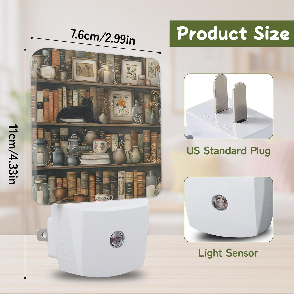 Night Light Vintage Bookshelf Cat Night Lights Plug into Wall for Bedroom Bathroom Hallway Kitchen (Vintage Bookshelf Cat)