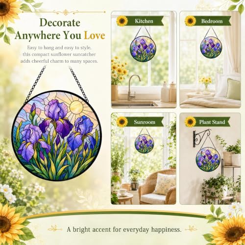 Purple Iris Flower Gifts for Women Suncatcher Stained Glass Window Hanging (Purple Iris / 6.3 x 6.3 IN)