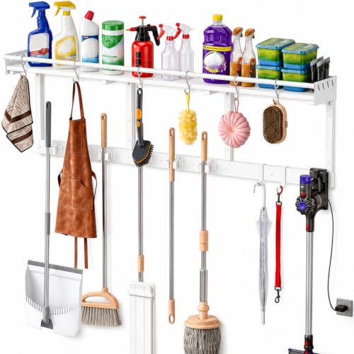 Heavy Duty Wall Mount Mop and Broom Organizer with Hooks
