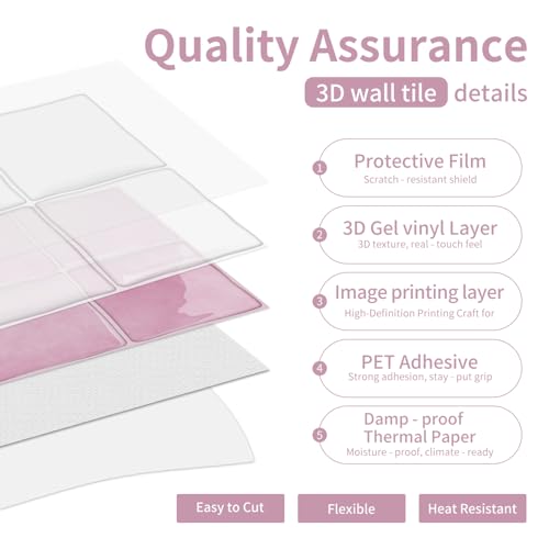 20Pcs Pink Peel and Stick Kitchen Backsplash Slab Tile Sticker 6"x6" (D-004 / 20pcs)