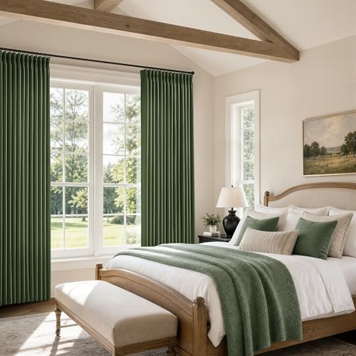Olive Green Linen Blend Pinch Pleated Light Filtering Curtains 84 Inch Long (Loden / 40"W x 84"L (Pack of 2))