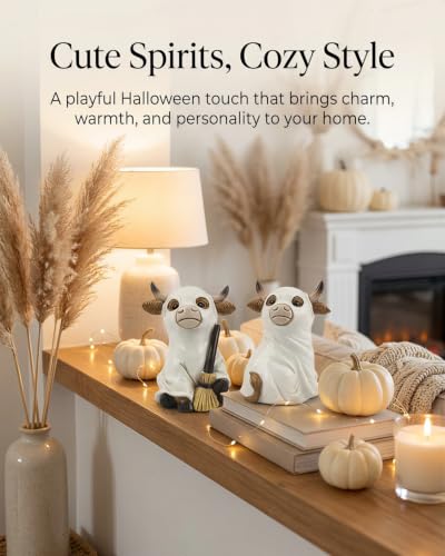 2 Resin Cow Ghost Figurines Halloween Tabletop Decor (Highland Cow Ghost)
