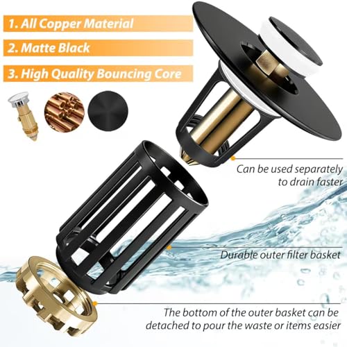3 in 1 Pop Up Bathroom Sink Stopper (Matte Black)